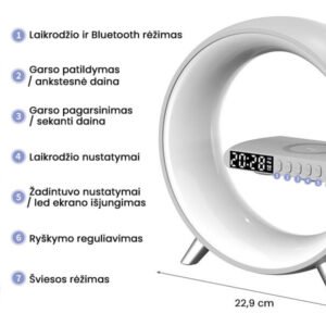 Lampă LED cu încărcător de telefon fără fir, difuzor și ceas cu alarmă Užsisakykite Trendai.lt 15