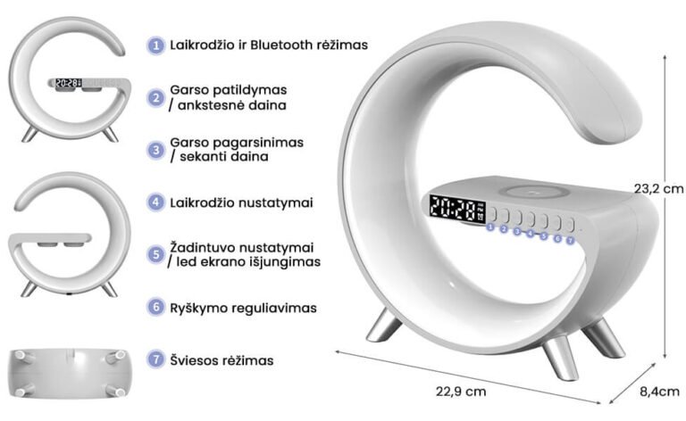 Lampă LED cu încărcător de telefon fără fir, difuzor și ceas cu alarmă Užsisakykite Trendai.lt 8